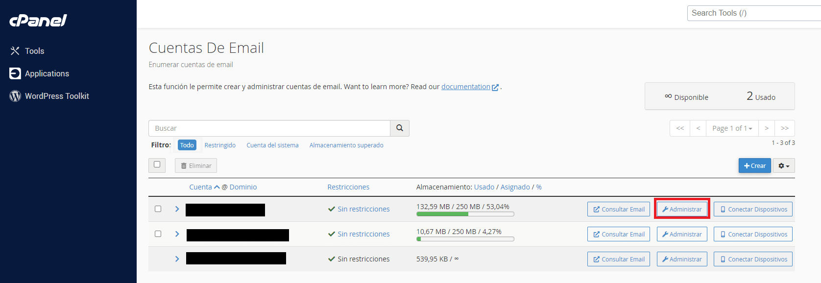 administrar cuentas de email cpanel serednet