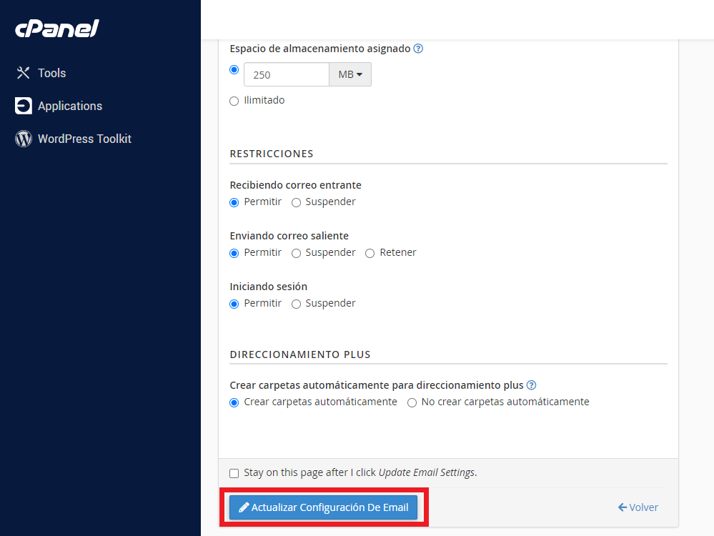 configuración de email cpanel