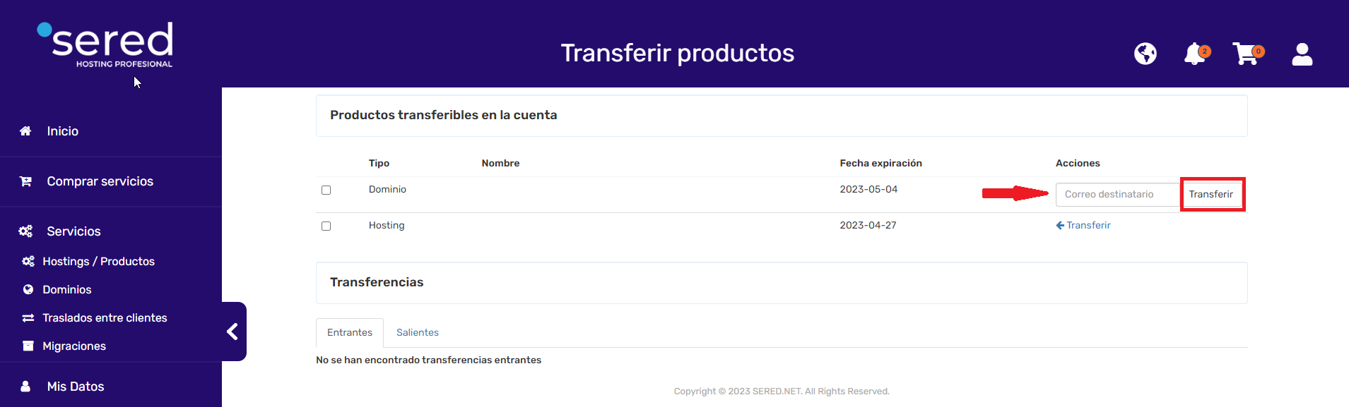transferir productos SERED.NET