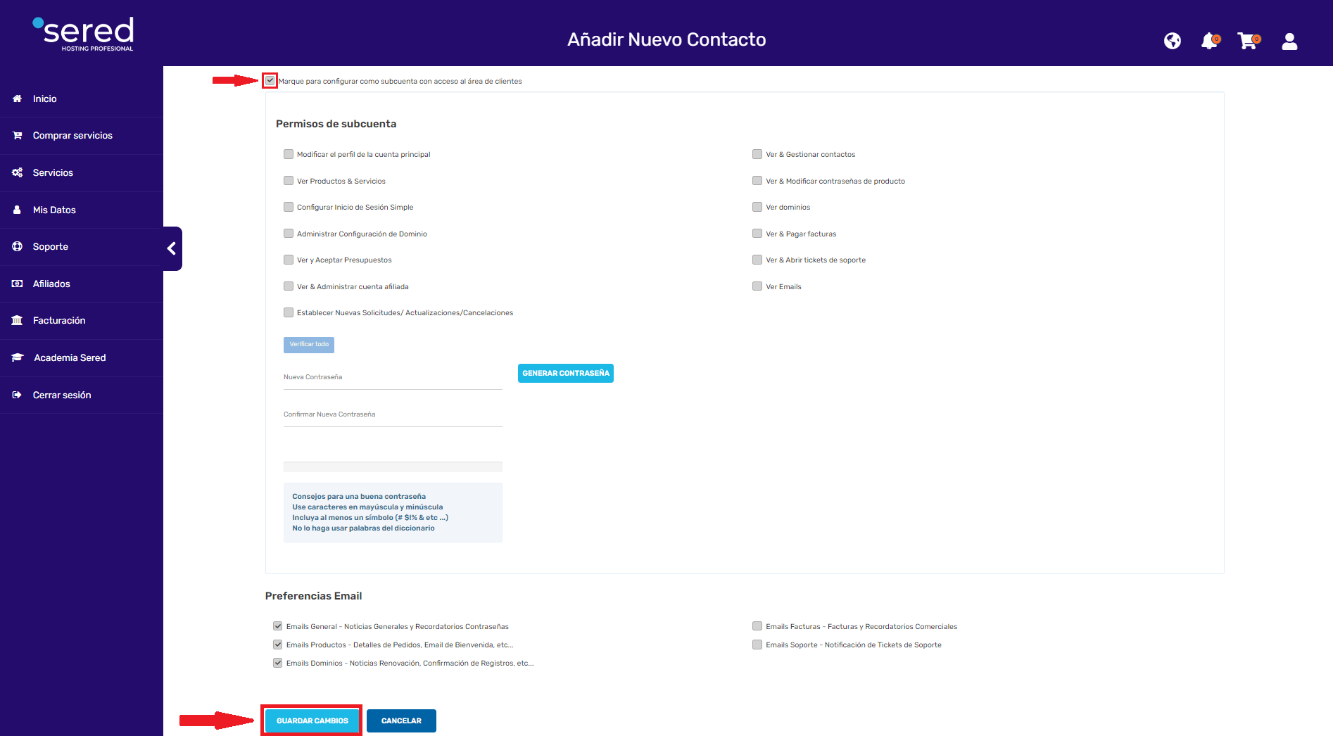 crea sub-cuenta SEREDNET